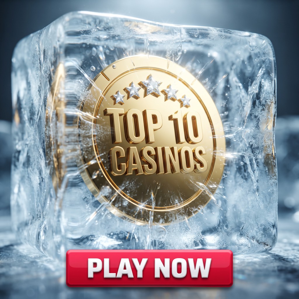 Gold coin reading Top 10 Casinos frozen in an ice cube with a red Play Now button